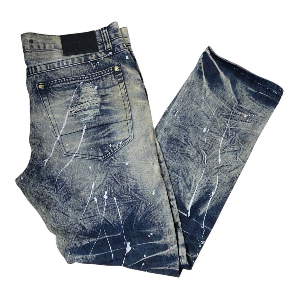 Côte de Nuits Distressed Moto Jeans Acid Wash Paint Splatter 38x34 Streetwear - Picture 3 of 11